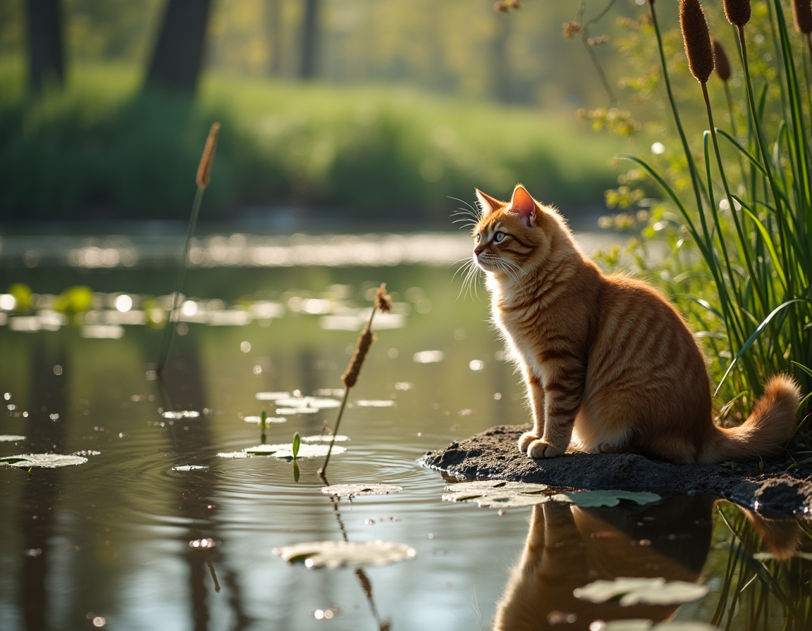 Cat observes a serene countryside pond, reflected in its still waters.