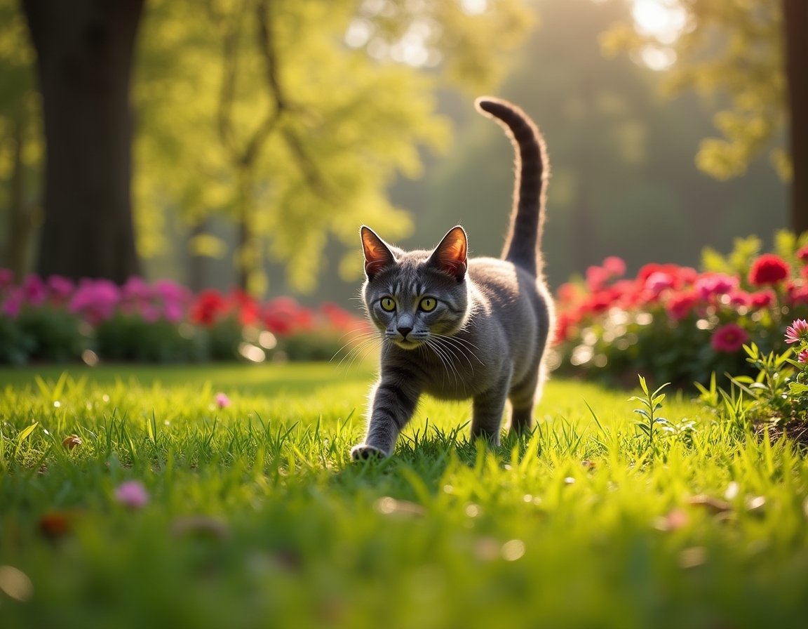 Cat enjoys a lively city park, playing and exploring the greenery amidst the urban backdrop.