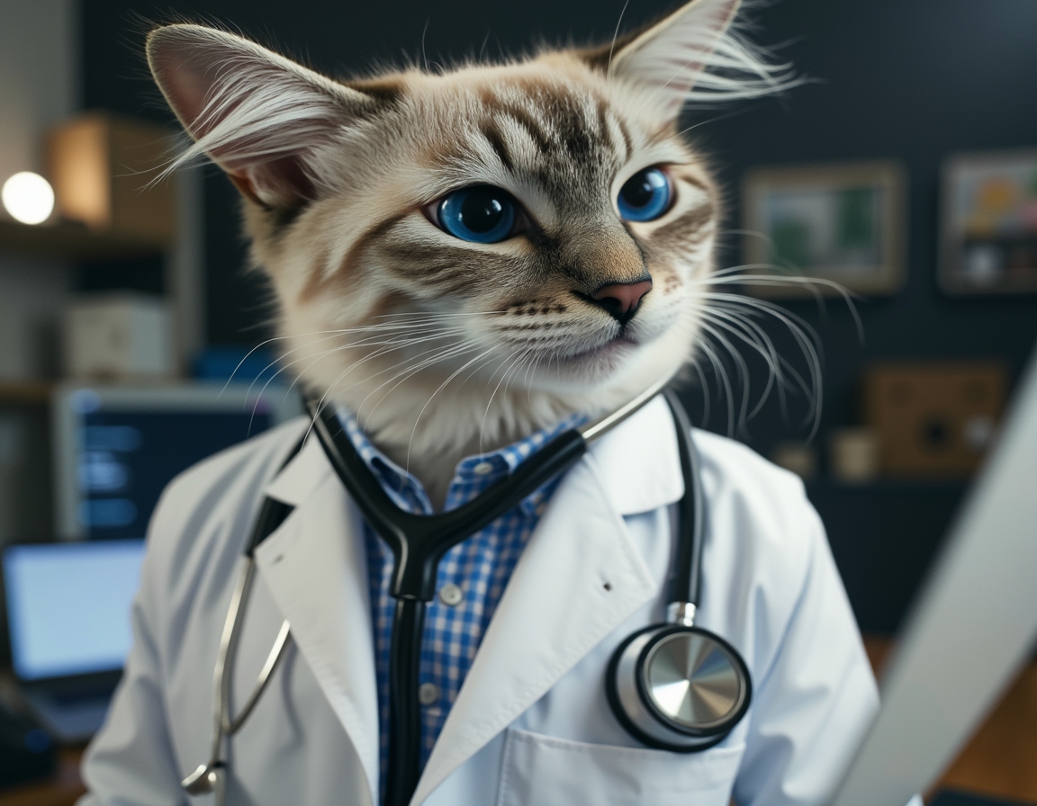🩺 Dr. Whiskers will see you now. Your cat in a white coat with a stethoscope, ready to diagnose a case of the zoomies.