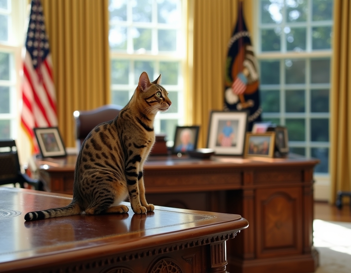 Cat perched on the Resolute Desk in the Oval Office, basking in the dignified atmosphere of the new administration.