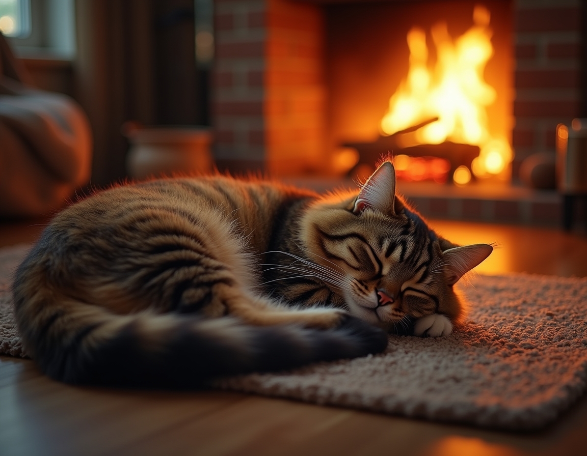 Cat is curled up on a plush rug in front of a glowing fireplace. Its fur glistens in the warm firelight, with cozy living room details like books and candles in the background.