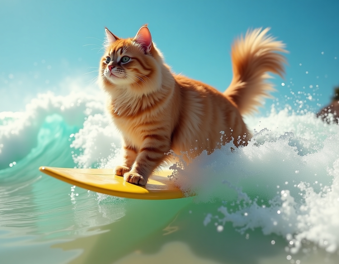 🏄 Hang ten, dude. Or hang four. Your cat riding a wave, tail up, living the beach life.