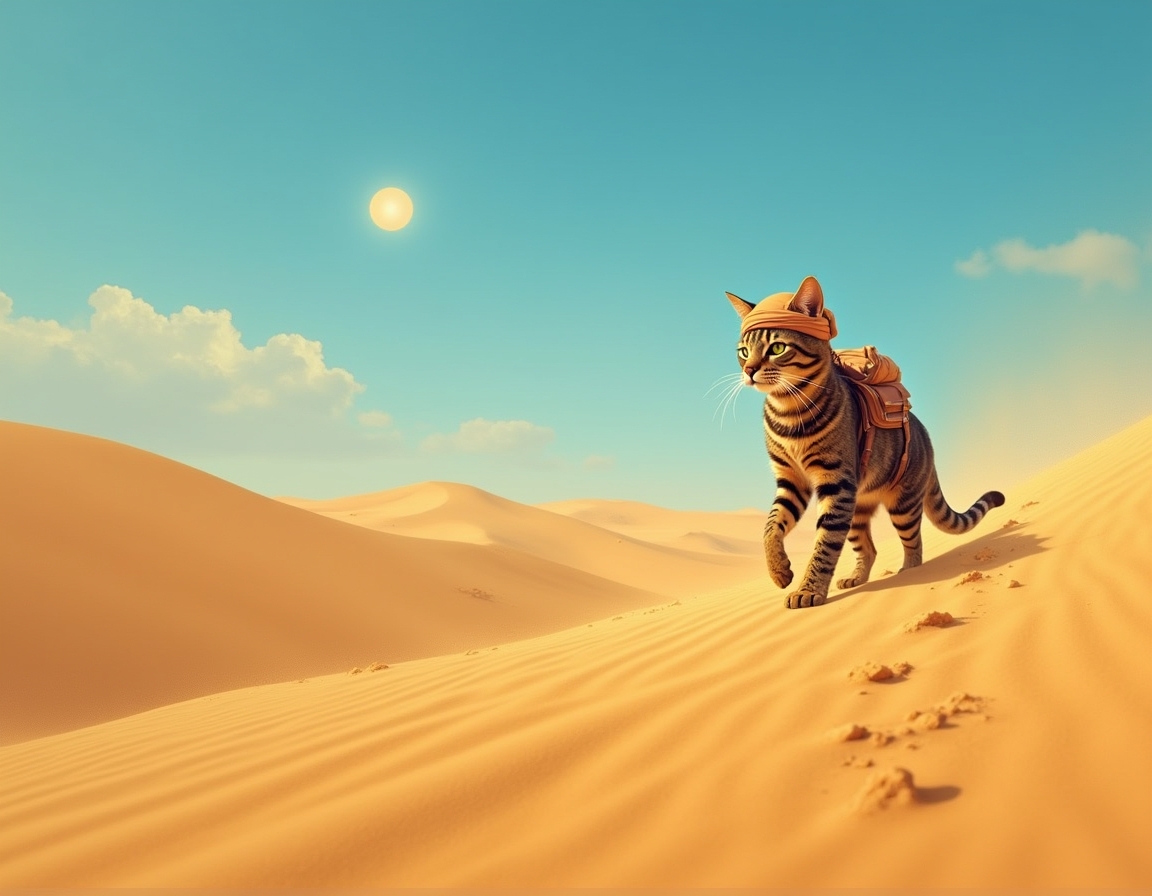 Cat crosses vast desert dunes, guided by the sun’s relentless heat and the promise of hidden oases. The scene is filled with swirling sand, vibrant skies, and an air of adventurous determination.