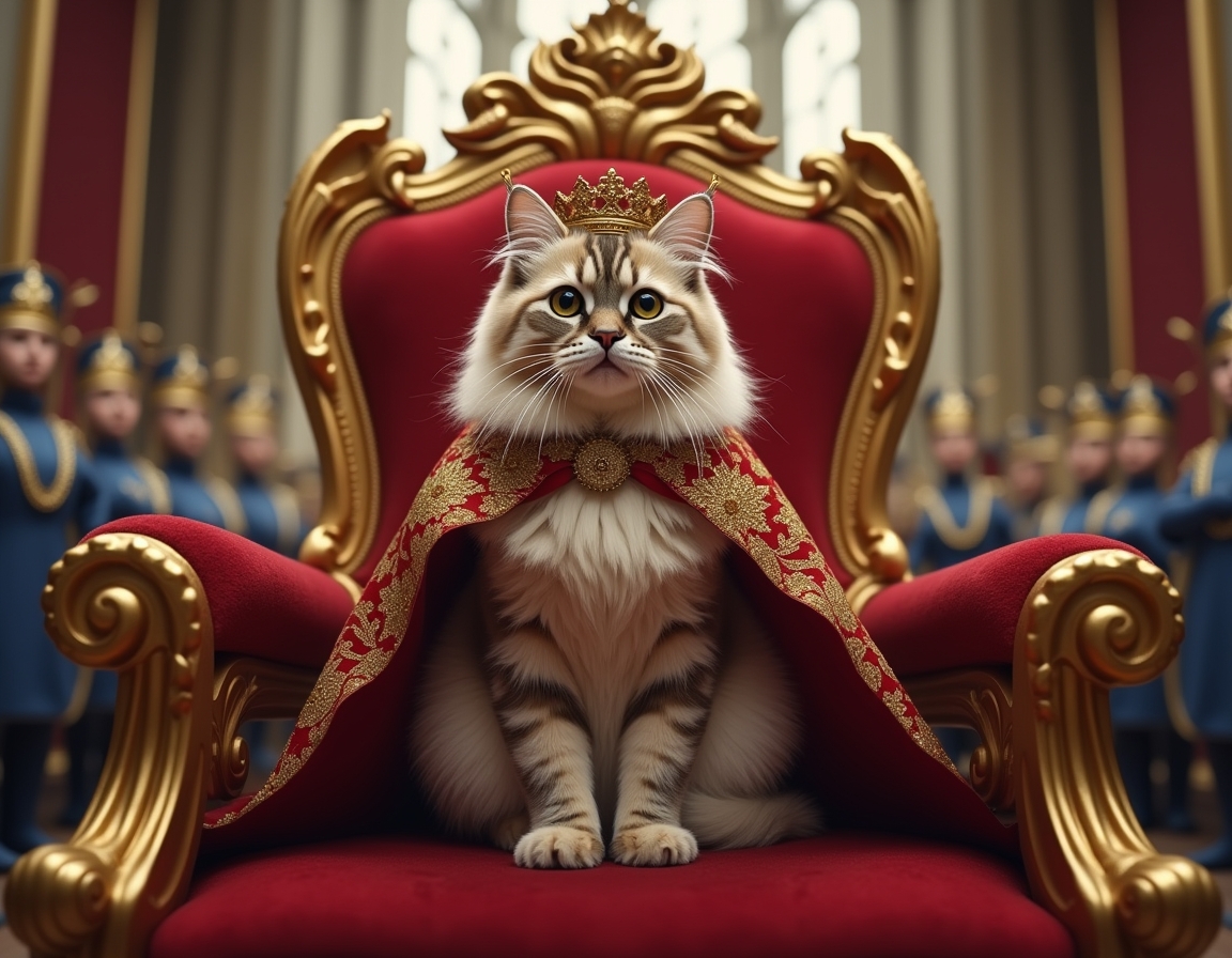 Cat poses regally on a golden throne inside a castle, wearing a crown and cape. Ornate royal decorations surround the scene.