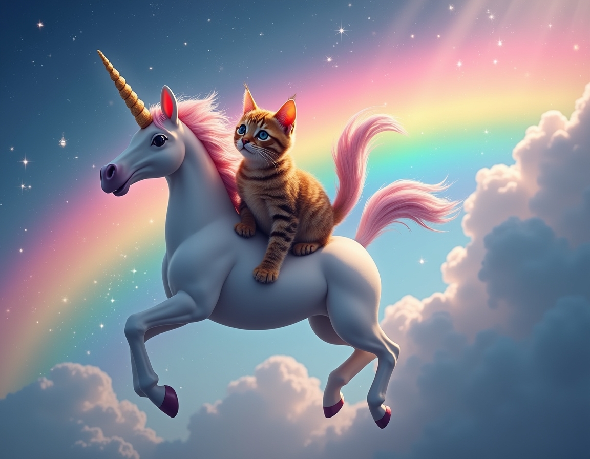 Cat rides a magical unicorn galloping across a rainbow, surrounded by glittering stars and fluffy clouds. The unicorn’s glowing horn creates a dreamy atmosphere.