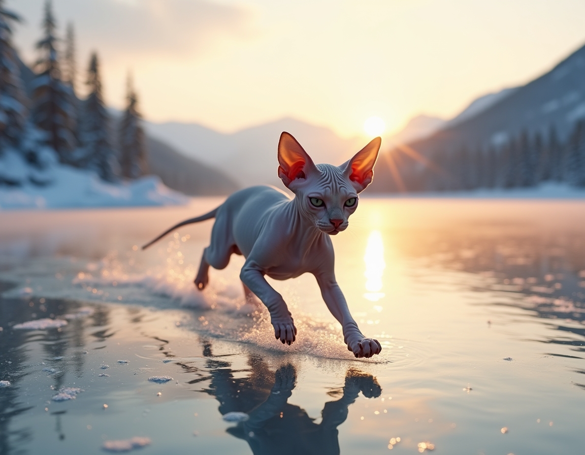 Cat enjoys a playful glide across a frozen lake, surrounded by snow-covered trees and distant mountains, with the soft glow of the setting sun reflecting off the ice.

