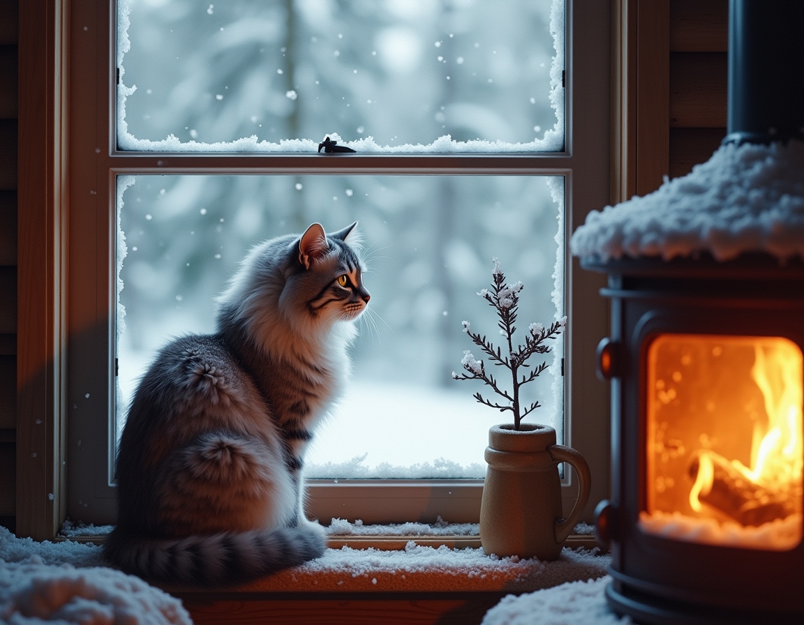 Cat looks out a frosted window at the snowy world outside, while the cozy warmth of the cabin and the glow of the fireplace create a peaceful, inviting atmosphere.