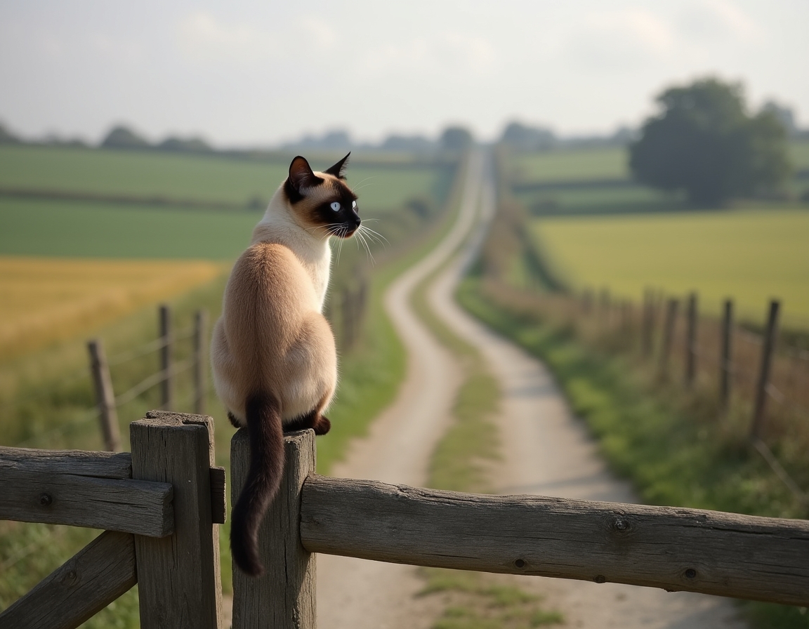 Cat gazes at the quiet beauty of a country road, framed by a weathered wooden gate.