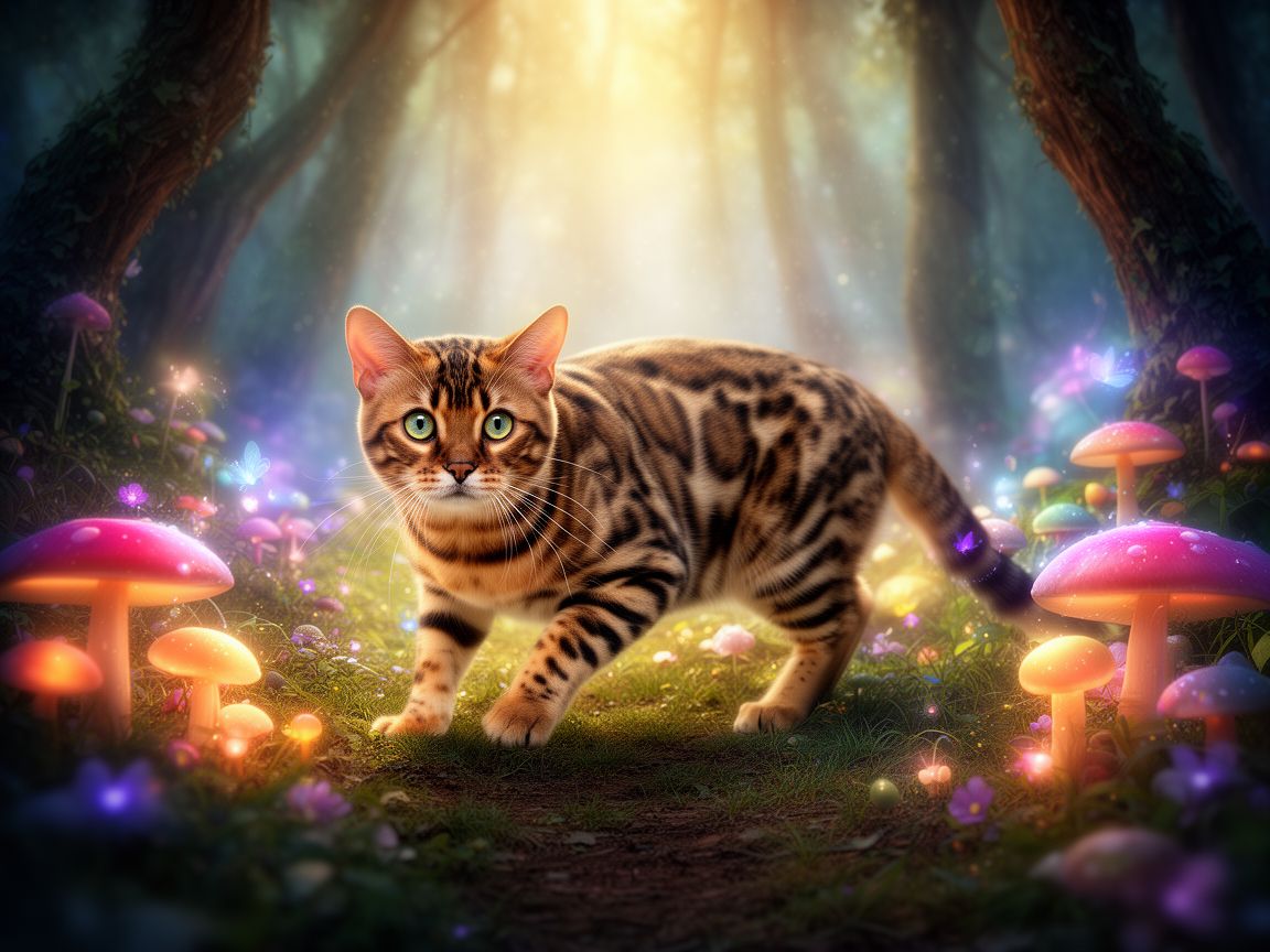 Cat explores a twilight forest alive with bioluminescent mushrooms, sparkling fireflies, and fluttering fairies. The scene captures a sense of enchantment and mystery under the soft glow of moonlight.