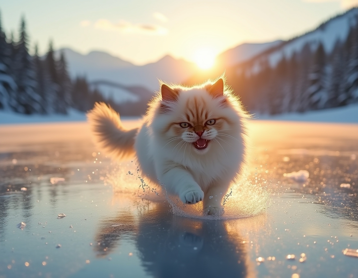 Cat enjoys a playful glide across a frozen lake, surrounded by snow-covered trees and distant mountains, with the soft glow of the setting sun reflecting off the ice.

