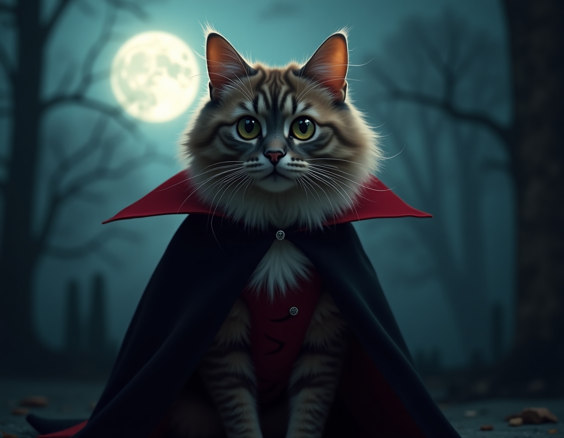 🧛 Count Catula has arrived. Your cat in a dramatic cape with tiny fangs, lurking in the moonlight.