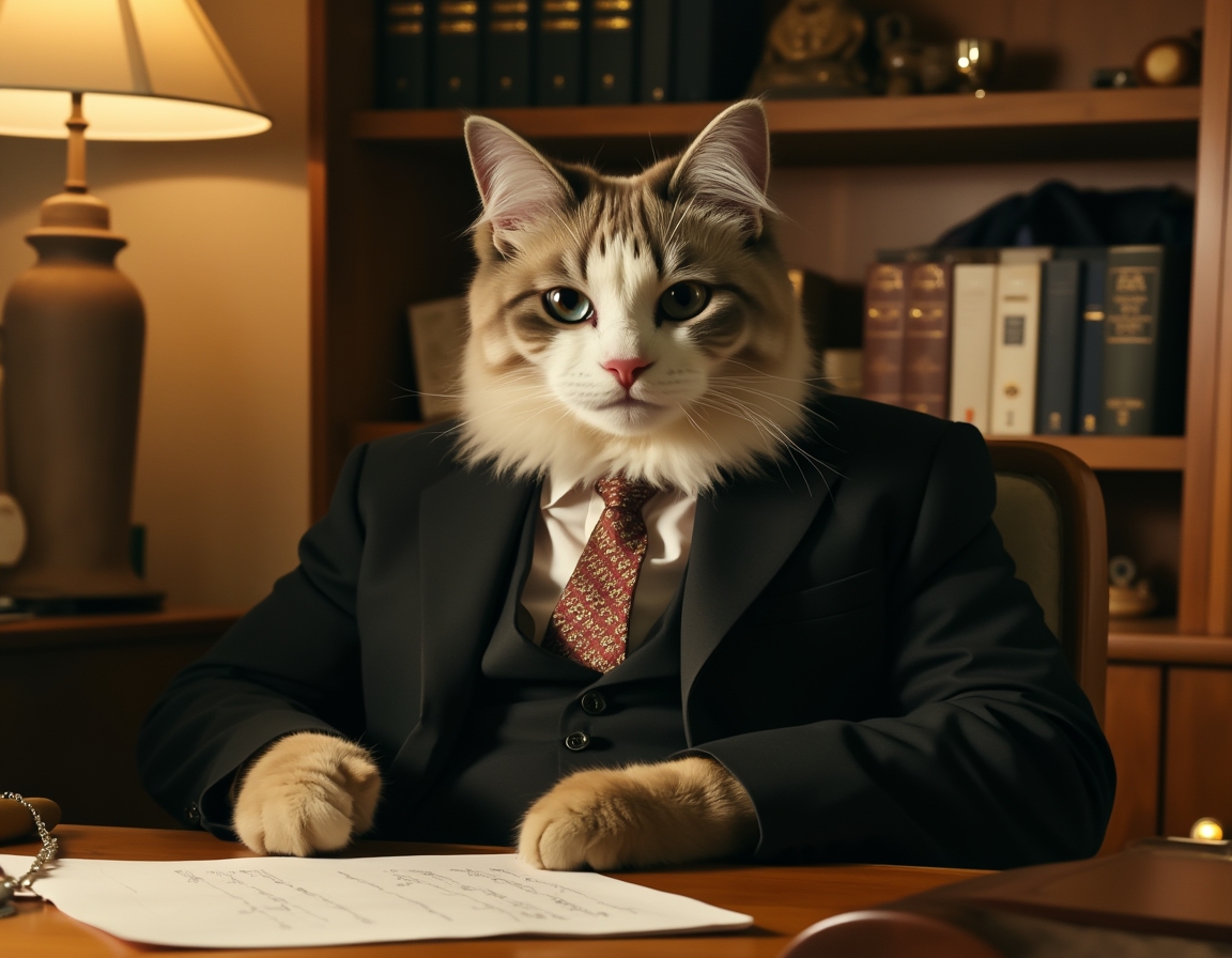 💼 Chief Executive Overlord. Your cat in a power suit behind a mahogany desk, running the household like a Fortune 500 company.