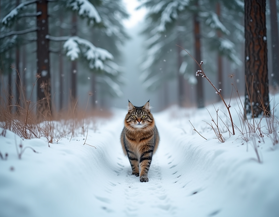 Cat walks along a snowy winter trail, leaving footprints in the fresh snow while surrounded by peaceful pine trees and gently falling snowflakes.