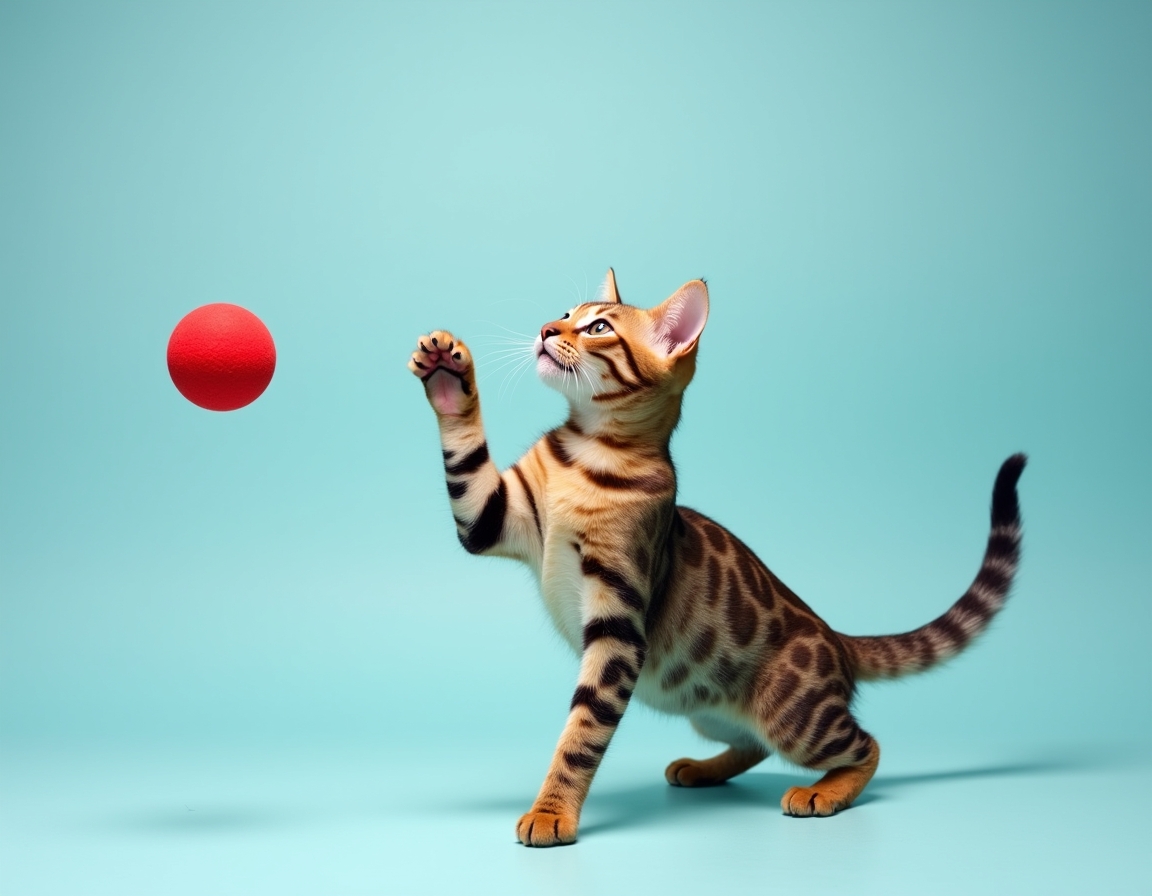 Playful studio photo of cat interacting with a bright red ball. The cat is mid-action with its paw raised, and the pastel blue background and balanced lighting create a cheerful, vibrant atmosphere that highlights the cat’s agility and energy.