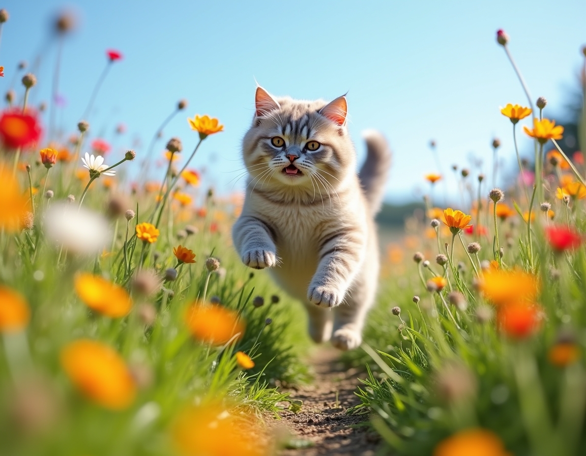 Cat enjoys the beauty of a flower-filled meadow, exploring the bright and colorful setting.