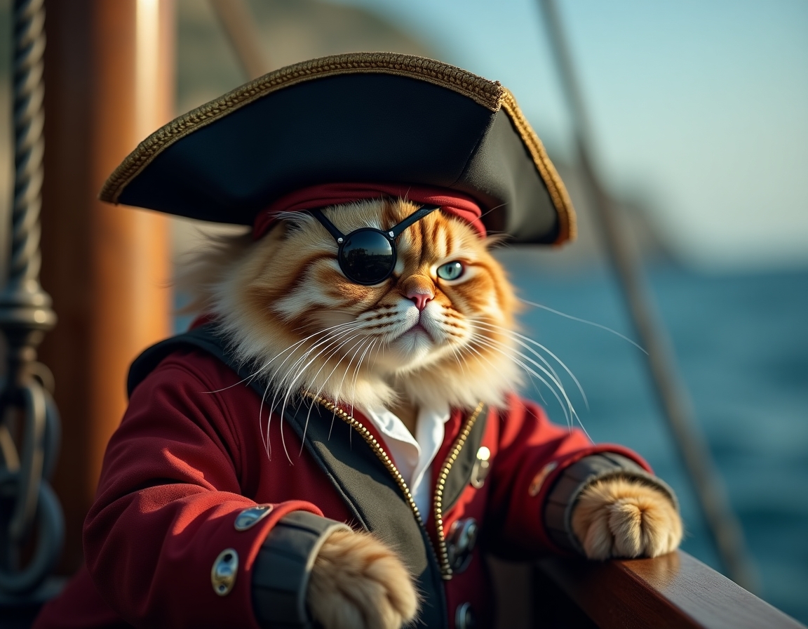 🏴‍☠️ Captain Whiskers and the Treasure of Tuna Island. Your cat with an eyepatch and pirate hat, sailing the seven seas in search of fish.
