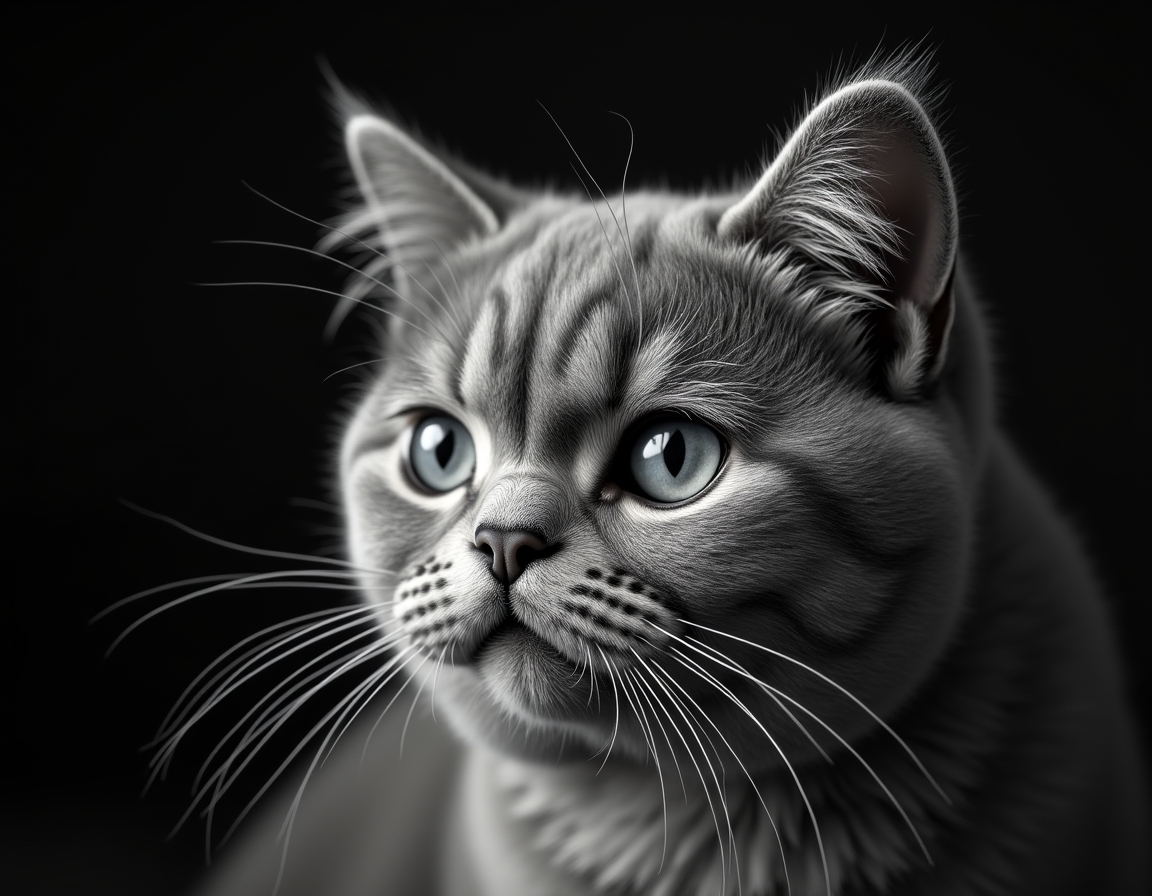 Close-up black and white studio portrait of a cat’s face, lit with soft diffused light. Every whisker, eyelash, and fur strand is rendered in hyper-detailed monochrome.