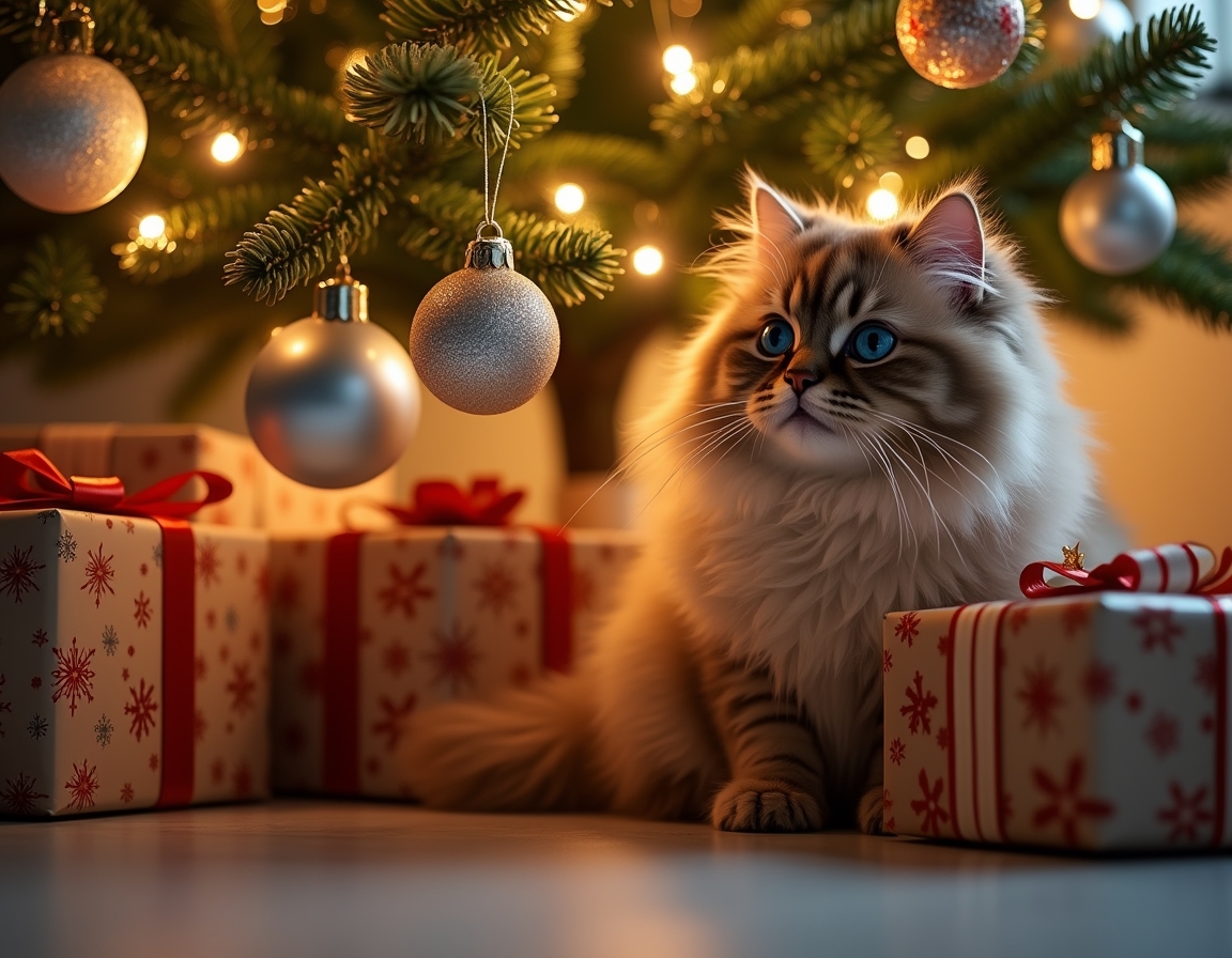 Cat sitting under a beautifully decorated Christmas tree, surrounded by twinkling lights, ornaments, and wrapped presents, with a warm, cozy glow.