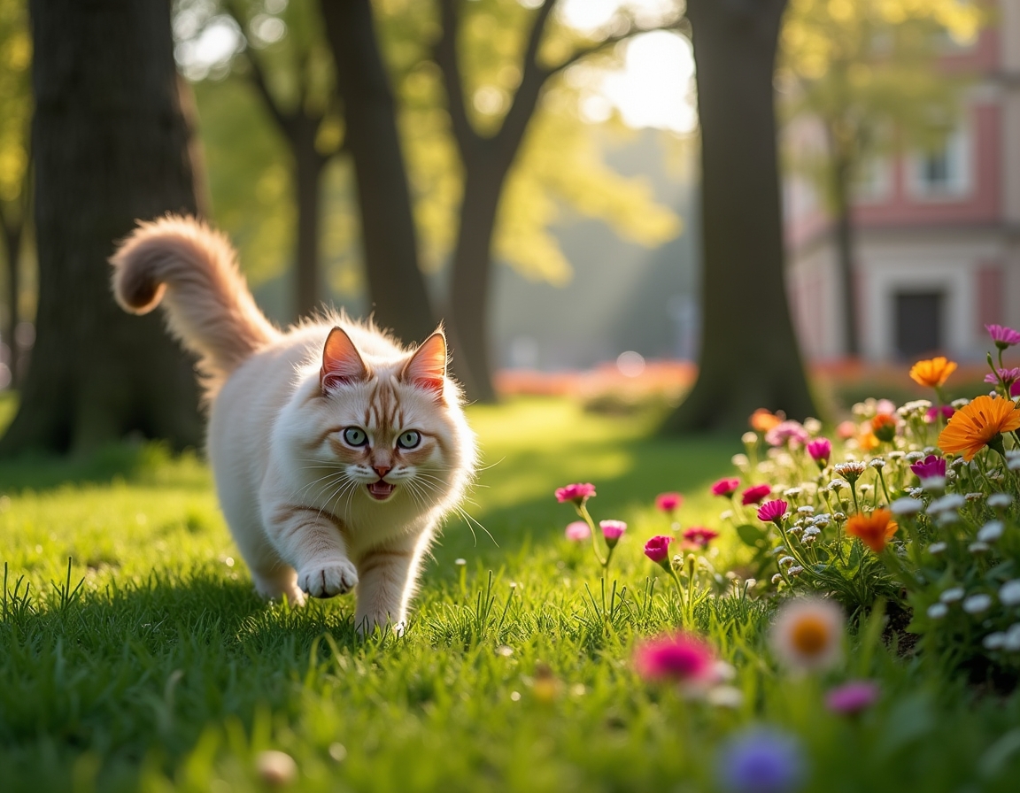 Cat enjoys a lively city park, playing and exploring the greenery amidst the urban backdrop.
