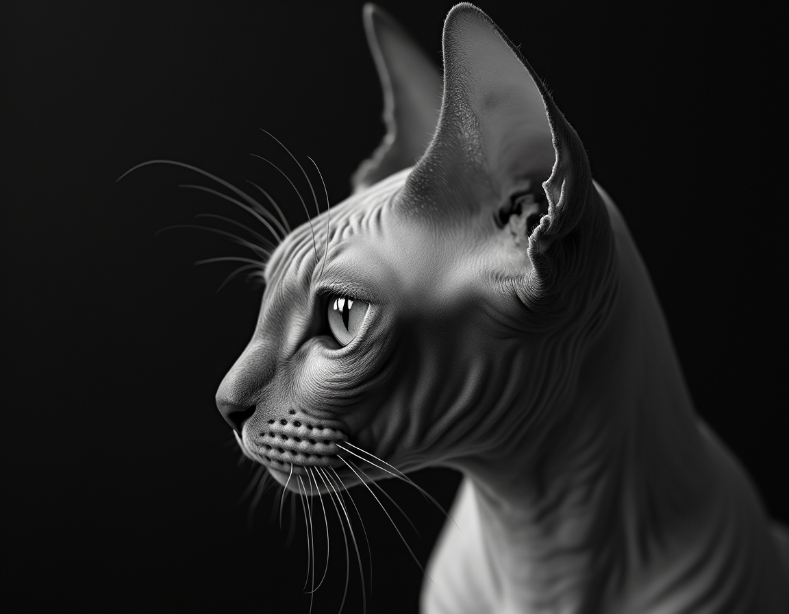 Close-up black and white studio portrait of a cat’s face, lit with soft diffused light. Every whisker, eyelash, and fur strand is rendered in hyper-detailed monochrome.