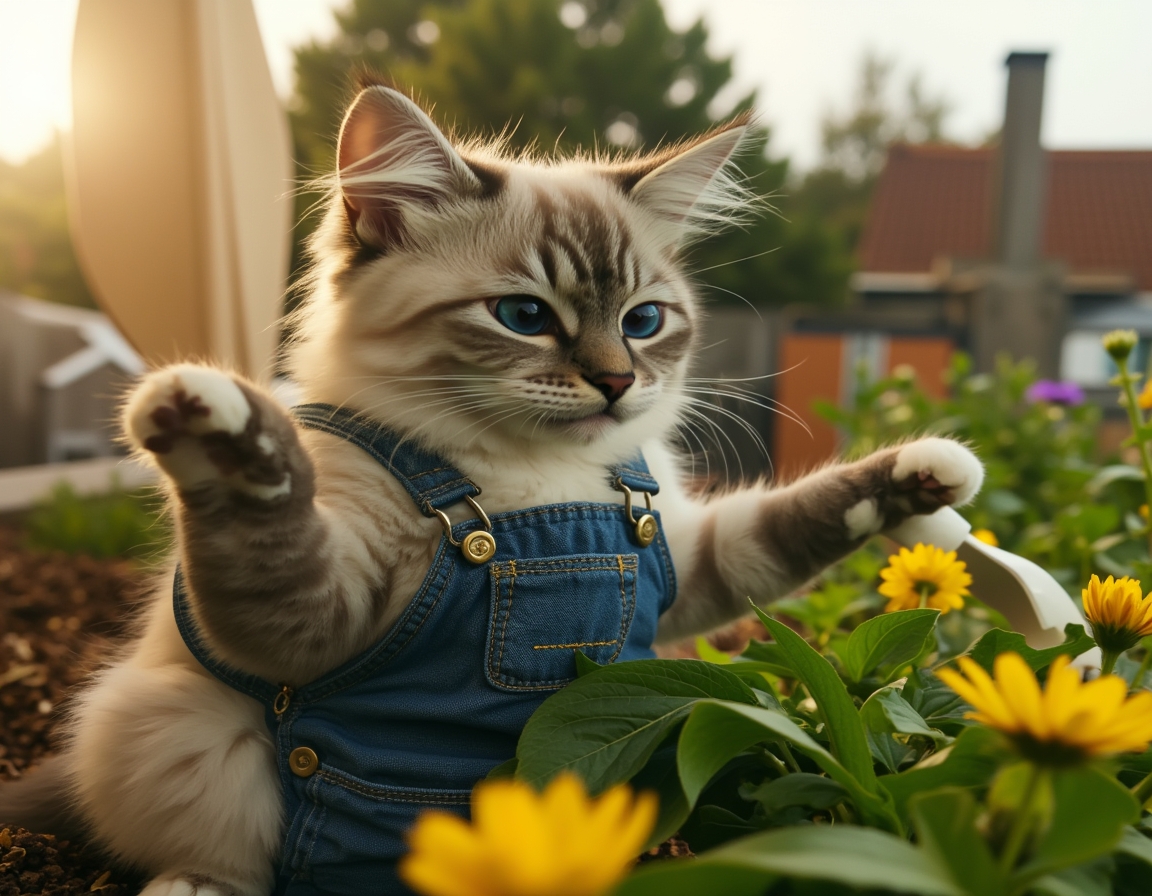 🌱 Planting catnip. For research purposes. Your cat in overalls with a watering can, tending to their herb garden.