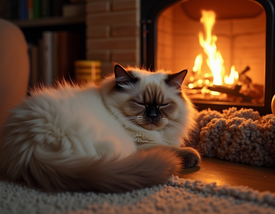 Cat is curled up on a plush rug in front of a glowing fireplace. Its fur glistens in the warm firelight, with cozy living room details like books and candles in the background.