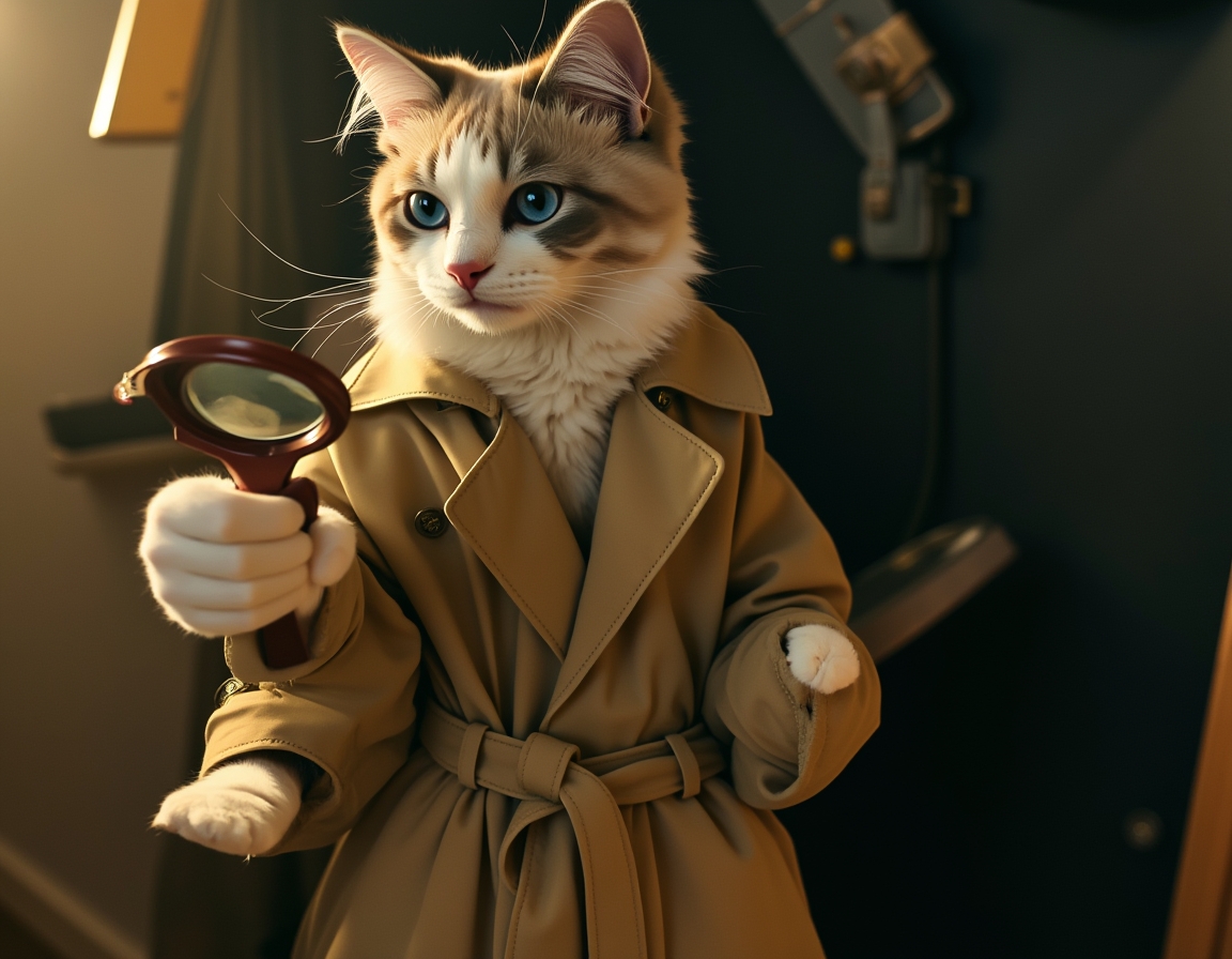 🔍 The Case of the Missing Treats. Your cat in a trench coat and magnifying glass, solving the neighborhood's greatest mysteries.
