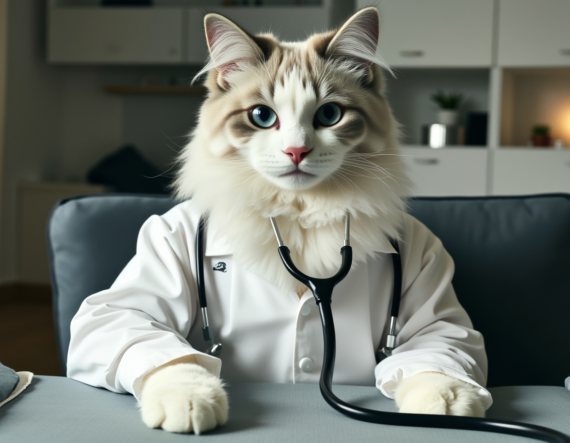 🩺 Dr. Whiskers will see you now. Your cat in a white coat with a stethoscope, ready to diagnose a case of the zoomies.