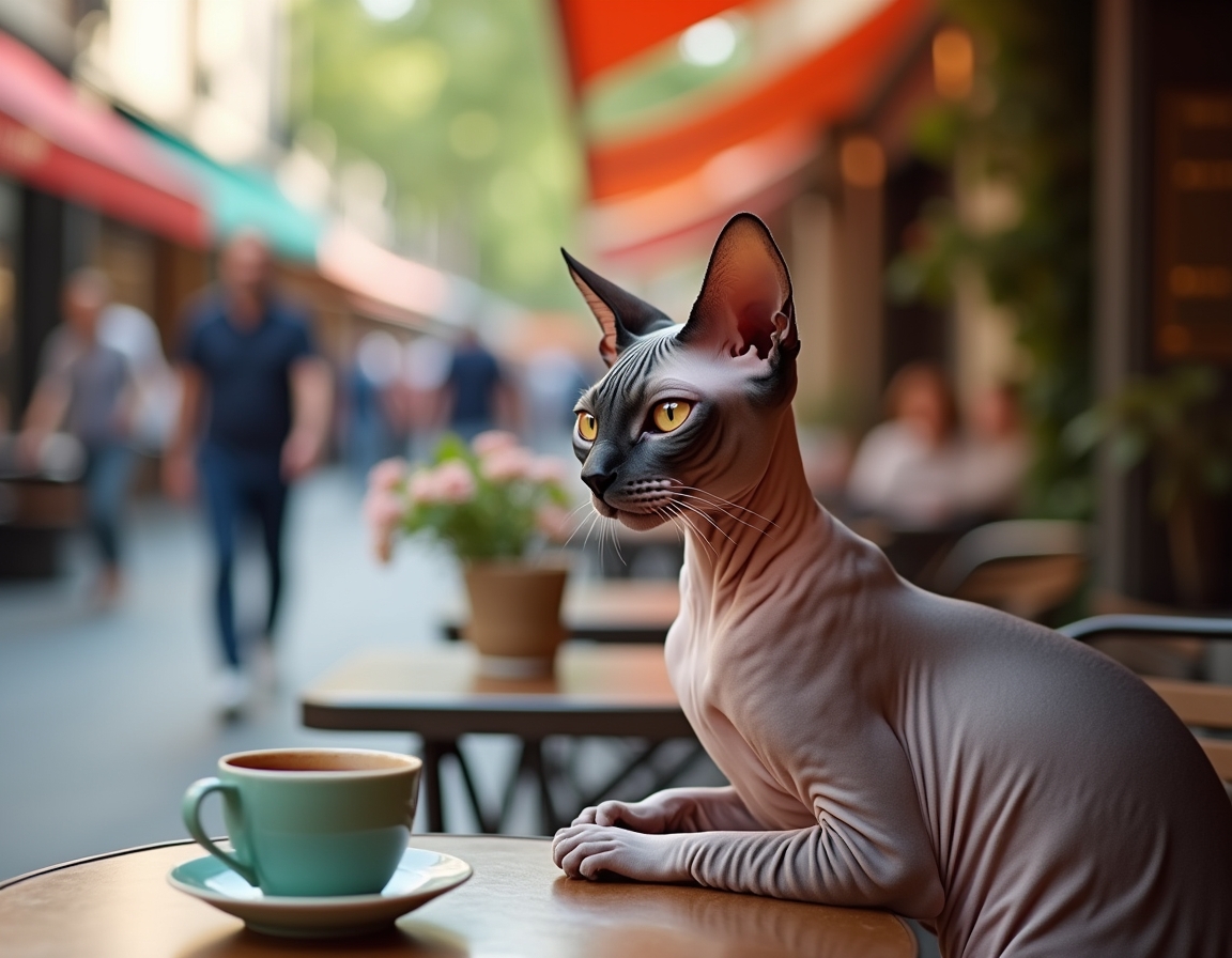 Cat sits contentedly at an outdoor cafe, enjoying the bustling streets and warm sunlight.