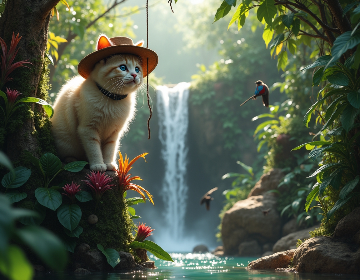 Cat wearing an explorer’s hat climbs a tree in a lush jungle. Waterfalls and dense greenery surround the scene, with sunlight filtering through the canopy.