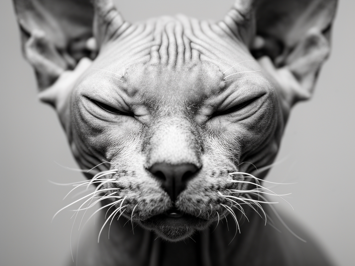 Close-up black and white studio portrait of a cat’s face, lit with soft diffused light. Every whisker, eyelash, and fur strand is rendered in hyper-detailed monochrome.