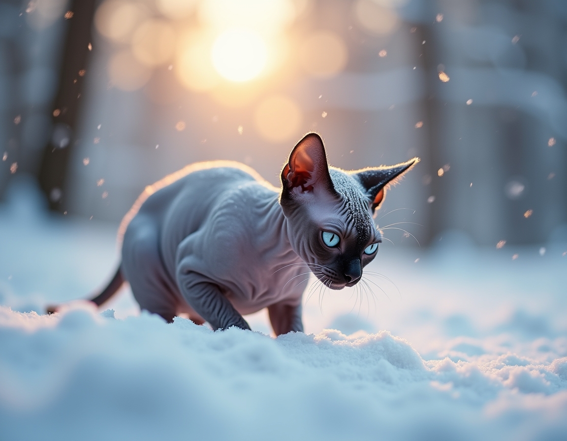 Cat explores a tranquil snowy landscape, its fur dusted with snowflakes as it observes the serene winter forest, bathed in the soft glow of the setting sun.

