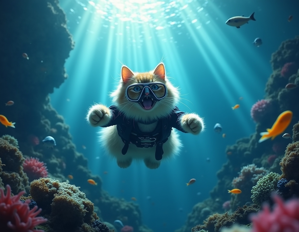 Cat in a wetsuit and diving mask swims through a vibrant underwater scene, surrounded by glowing jellyfish, colorful fish, and coral reefs illuminated by sunlight.