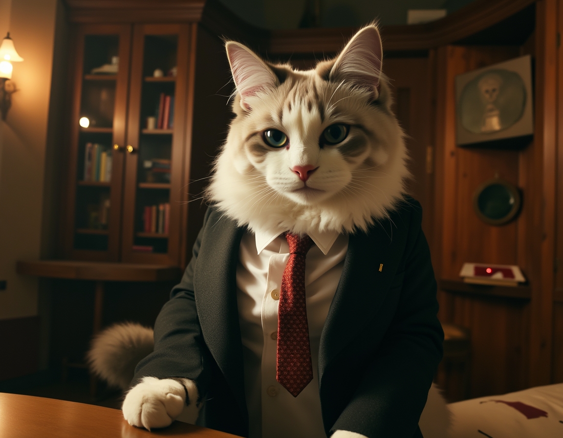 ⚖️ Objection! My food bowl is empty. Your cat in a sharp suit, ready to argue their case for more treats in the court of meow.