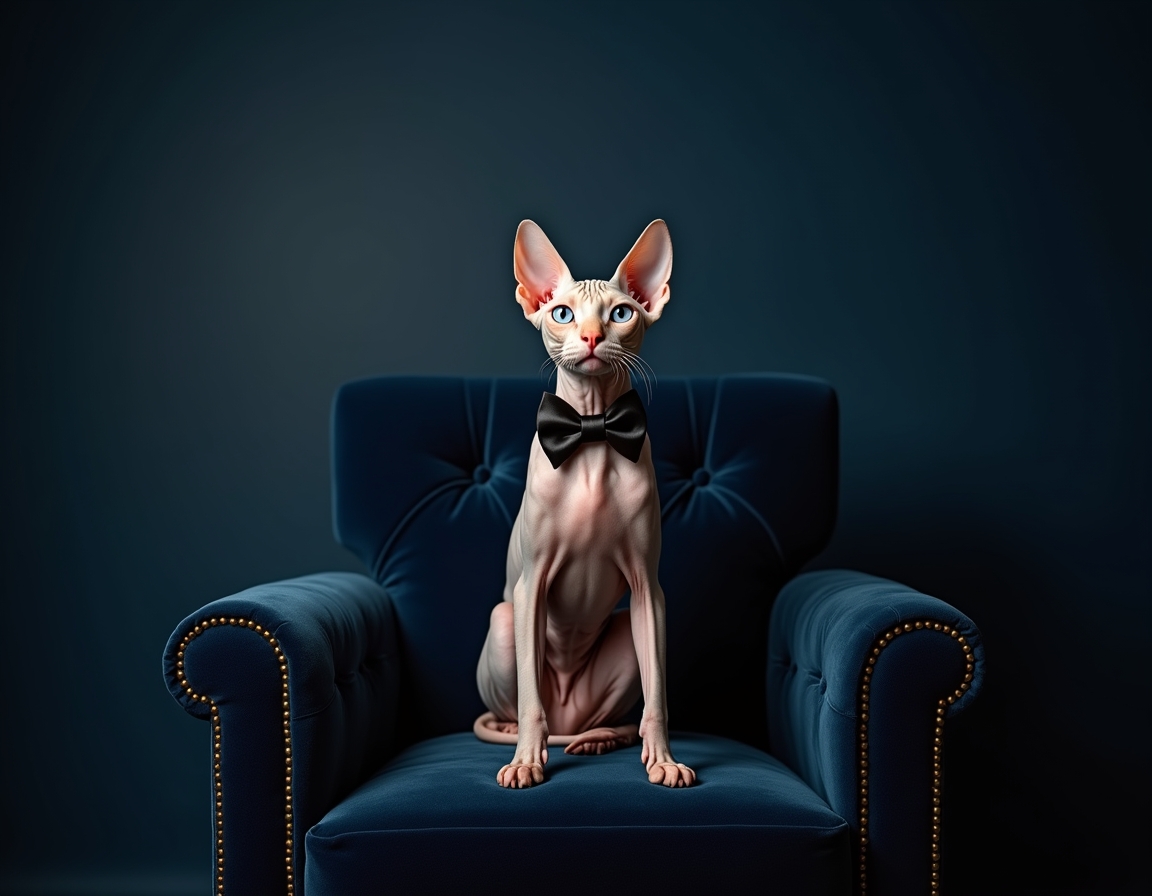Photorealistic image of cat posed on a luxurious velvet chair in a studio. The backdrop is a deep navy blue with soft spotlighting that highlights the cat's fur and a sleek black bowtie, giving the scene a sophisticated, formal atmosphere.