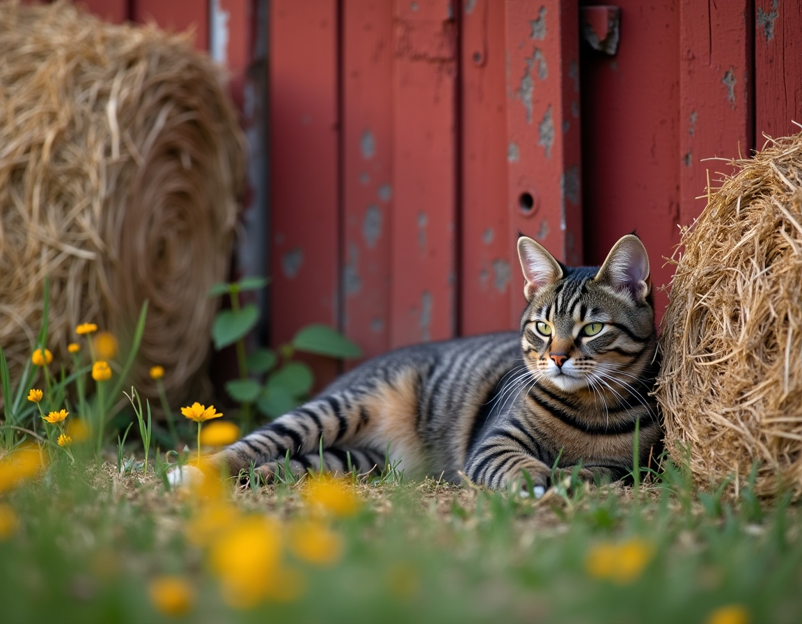 Cat rests peacefully near a barn, enjoying the tranquility of the countryside.
