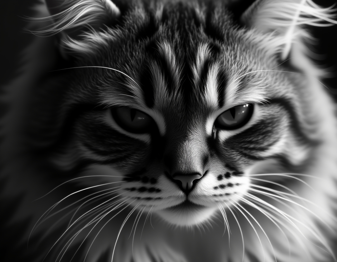 Close-up black and white studio portrait of a cat’s face, lit with soft diffused light. Every whisker, eyelash, and fur strand is rendered in hyper-detailed monochrome.