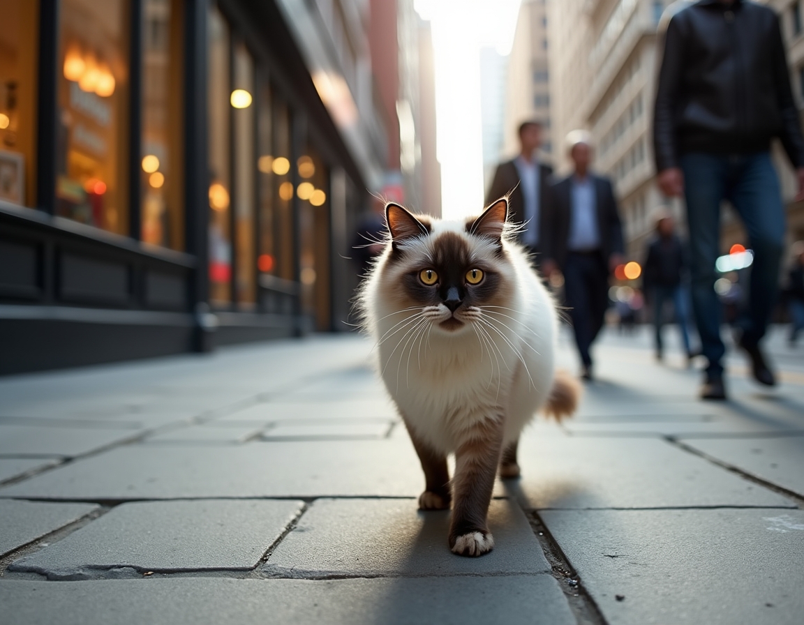 Cat strolls down a city sidewalk, confidently navigating the vibrant cityscape.