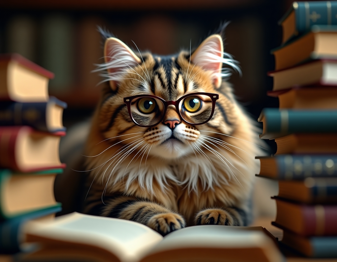📖 Shh. The cat is reading. Your cat with tiny glasses perched on their nose, surrounded by towers of books.