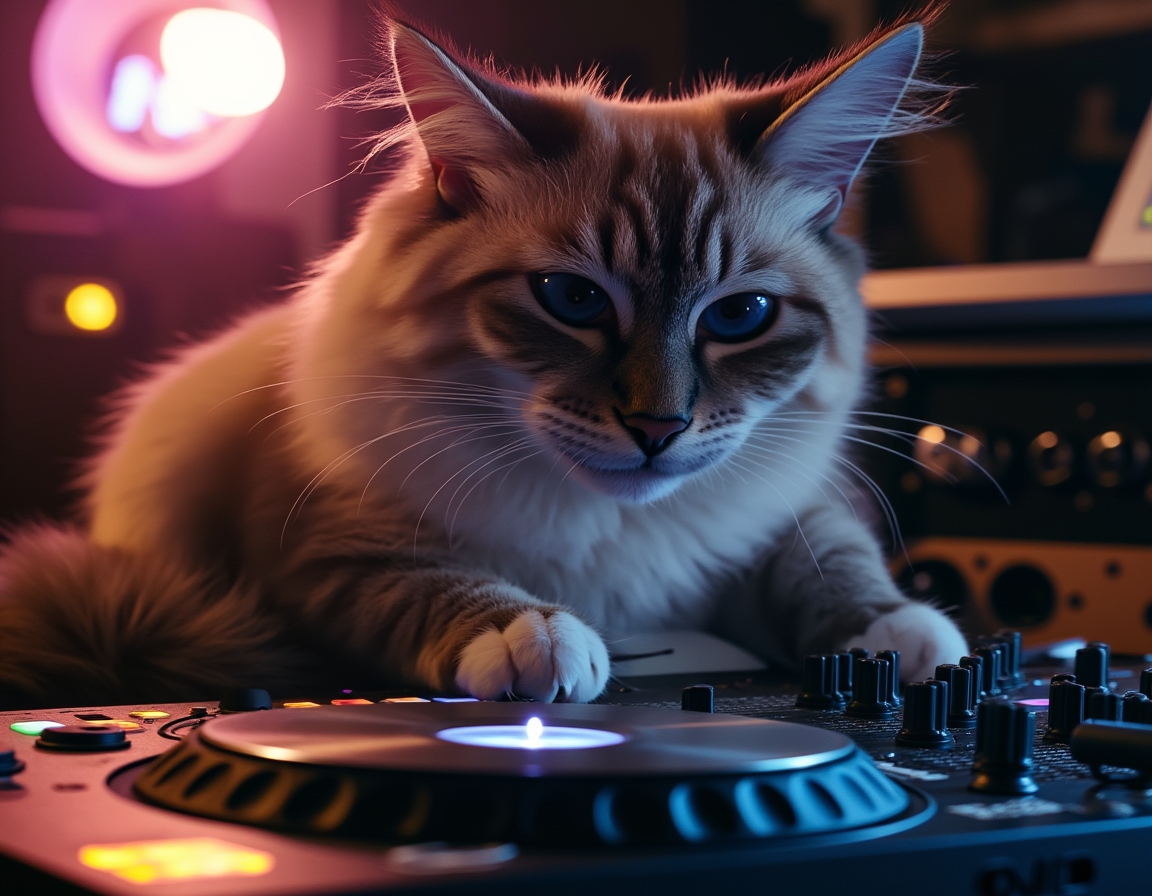🎧 DJ Whiskers in the mix! Boots and cats and boots and cats. Your cat behind a DJ booth, dropping beats and bass lines.