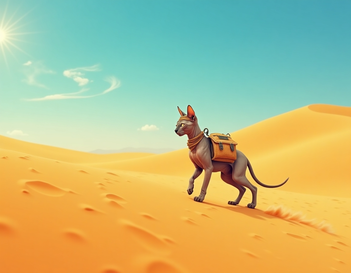 Cat crosses vast desert dunes, guided by the sun’s relentless heat and the promise of hidden oases. The scene is filled with swirling sand, vibrant skies, and an air of adventurous determination.