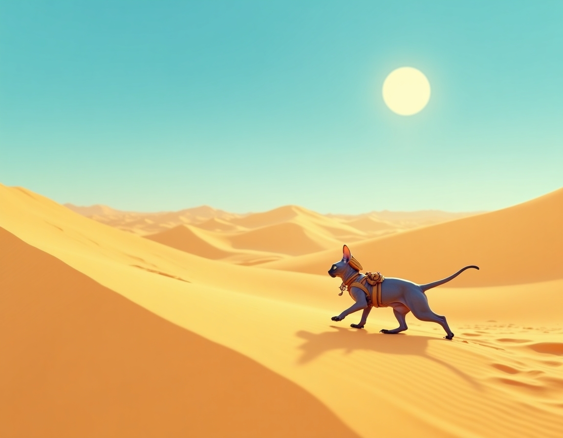 Cat crosses vast desert dunes, guided by the sun’s relentless heat and the promise of hidden oases. The scene is filled with swirling sand, vibrant skies, and an air of adventurous determination.