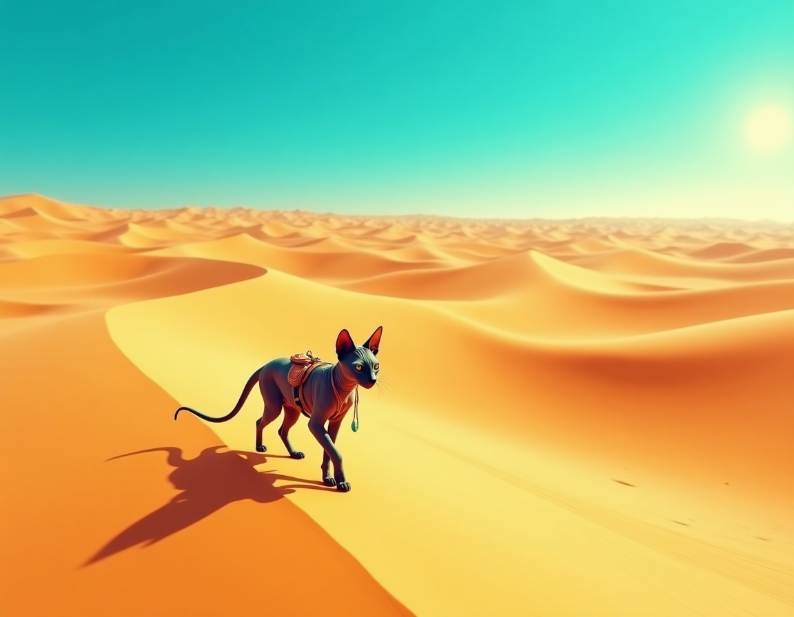 Cat crosses vast desert dunes, guided by the sun’s relentless heat and the promise of hidden oases. The scene is filled with swirling sand, vibrant skies, and an air of adventurous determination.
