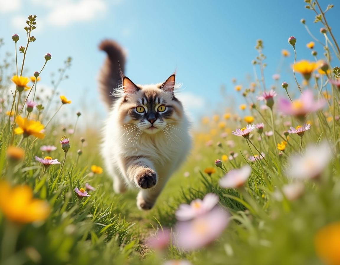 Cat enjoys the beauty of a flower-filled meadow, exploring the bright and colorful setting.