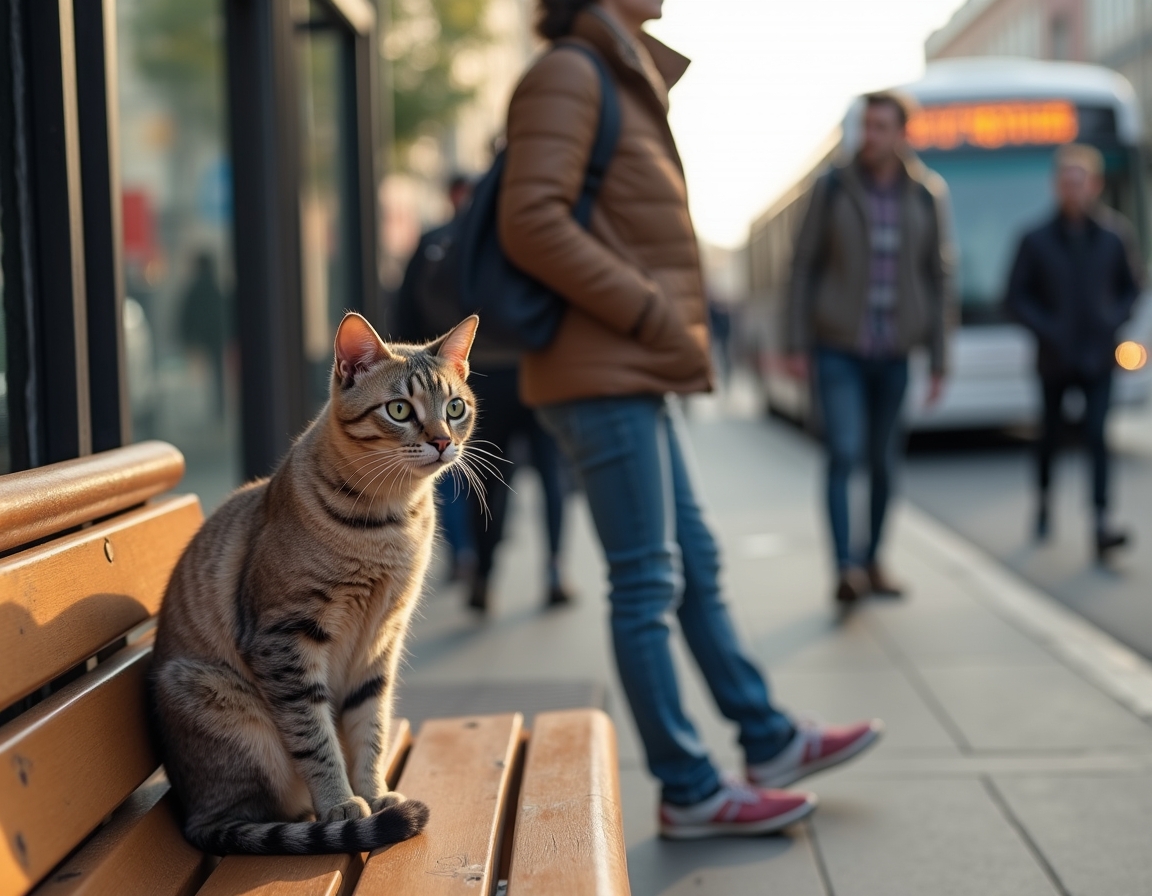Cat observes the activity of a city bus stop, soaking in the energy of urban life.