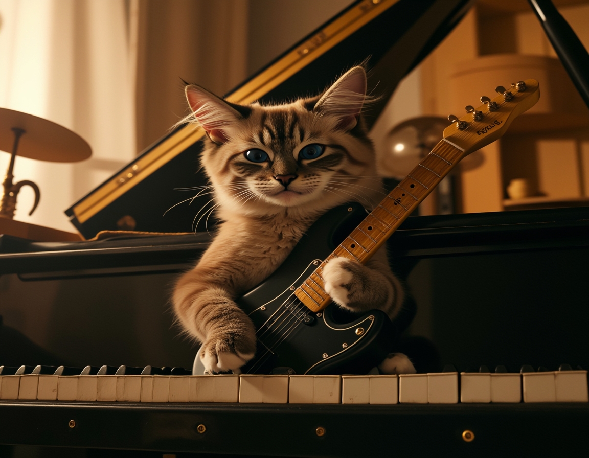 🎸 Dropping the hottest album of the year: 'Meow Mix.' Your cat shredding a guitar or tickling the ivories on a grand piano.
