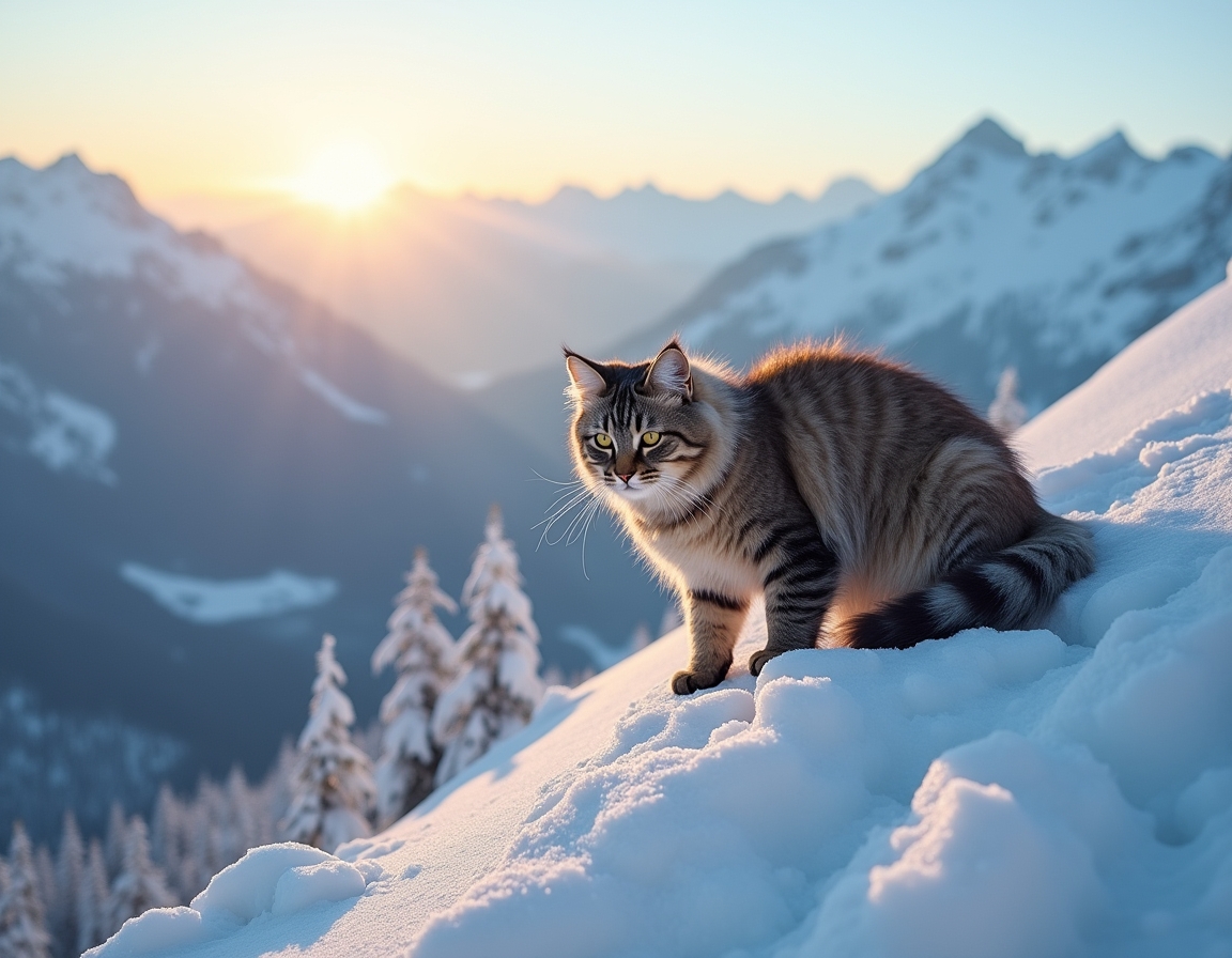 Cat climbs a snow-covered mountain, navigating the icy terrain with determination, surrounded by towering peaks and a breathtaking winter landscape.