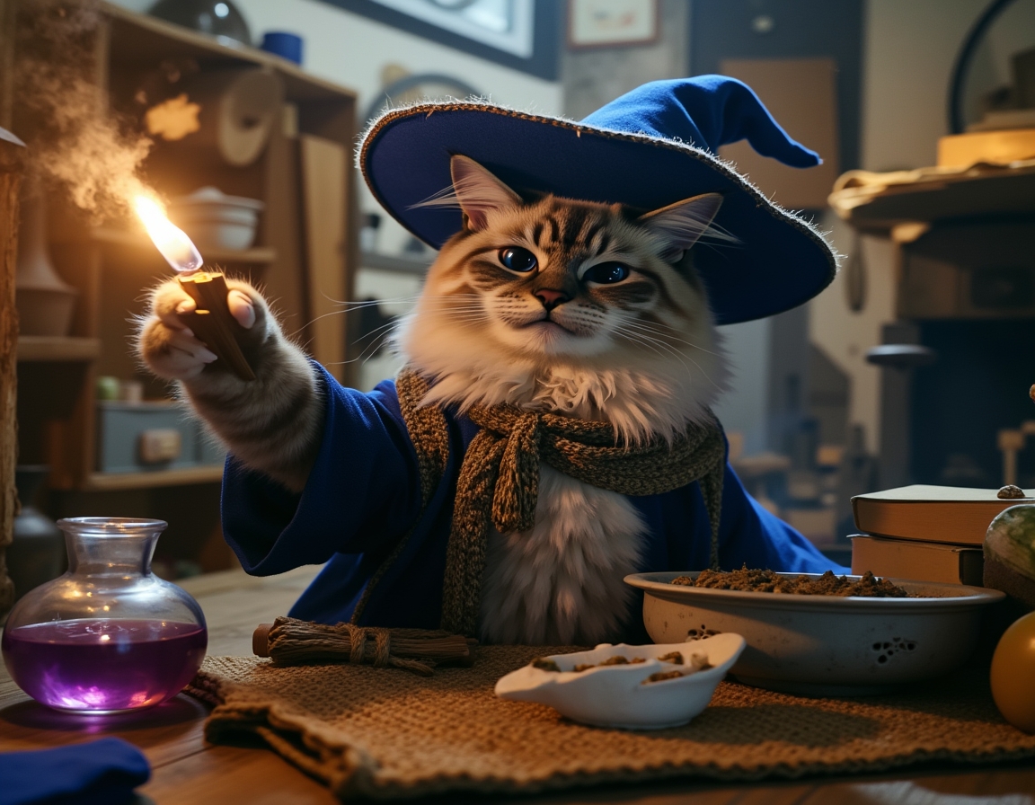 🧙 You're a wizard, Whiskers. Your cat in a pointed hat with a wand, casting spells and brewing potions.