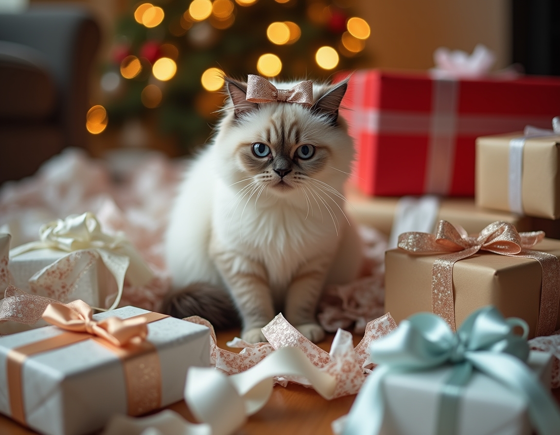 Playful cat surrounded by crumpled wrapping paper, ribbons, and empty boxes, with a shiny bow on its head. Christmas decorations and half-wrapped presents complete the festive scene.