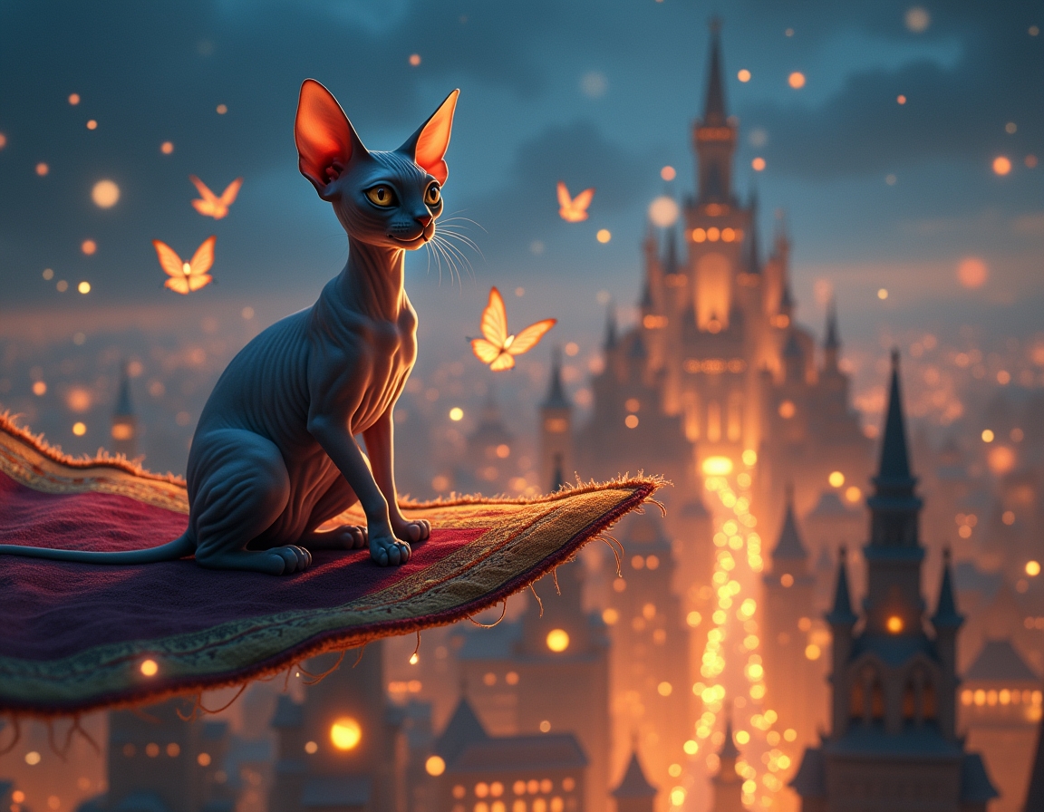 Cat sits on a flying carpet, soaring above a magical city illuminated by sparkling lights. The cat gazes at shimmering buildings and magical creatures floating around it